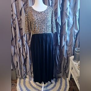 Leopard Print Maxi Dress Womens L Stretchy Elastic Waist Side Pockets